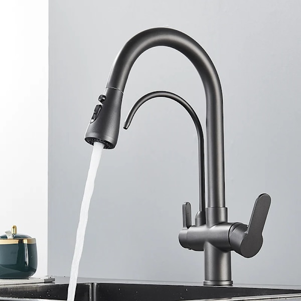 Filtered Water Kitchen Faucet, Dual Handle Design, Pull-Out Spray Feature, Pistol Grå