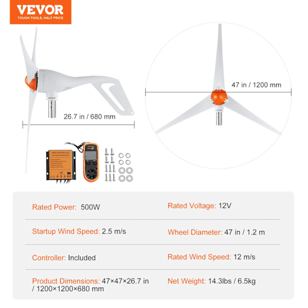 500W Vindmølle Generator, 12V Spænding, MPPT Kontroller,12V 500W 12V 500W 12V 500W