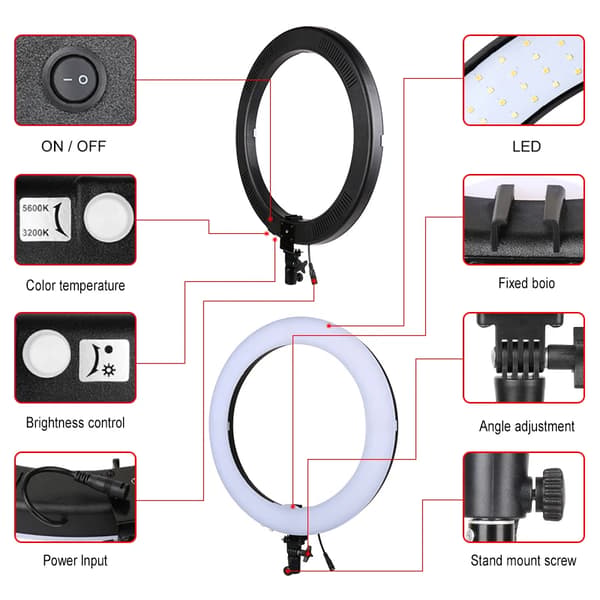 Ring Light, Justerbart Stativ, Bi-Farvet Temperatur, 18 tommer Ring Lys