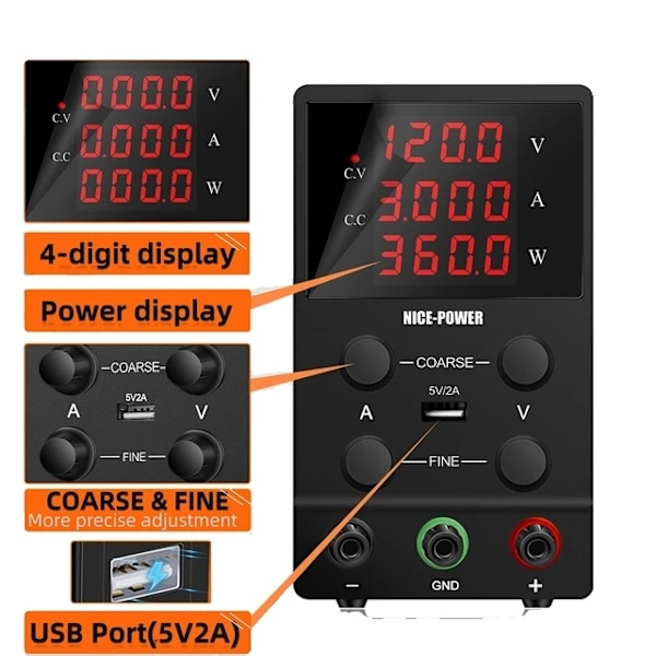 Laboratorie strömförsörjning, justerbar spänning, stabiliserat utgång., 120V 3A 360W, 220V 120V 3A 360W 120V 3A 360W 220V