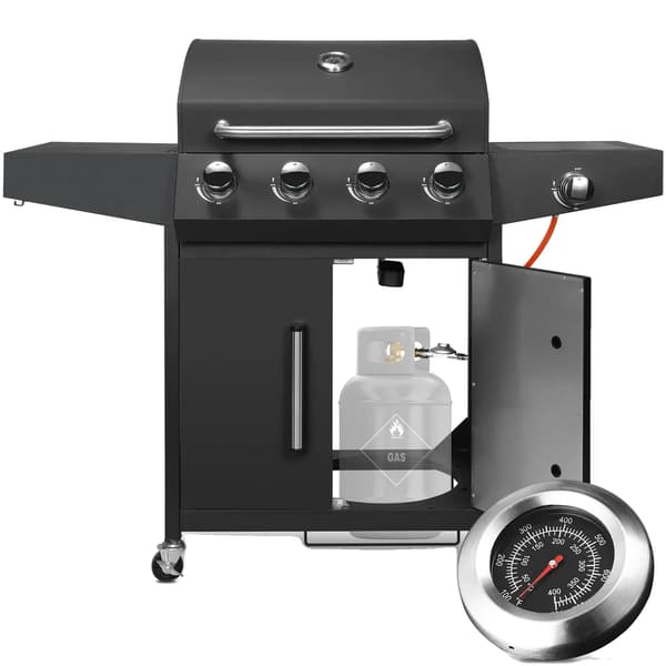 4+1 brænder gasgrill, 52.000 BTU, rustfrit stål konstruktion, sort