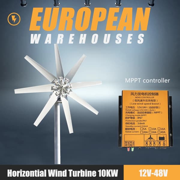 Vindmøllegenerator, 10000W Effekt, 8 Blade Design, med mppt-controller, 10KW, 12V