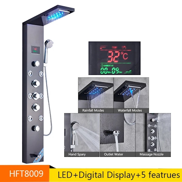 LED Duschpanel, Vattenfall Regn, Digital Display, Svart 8009
