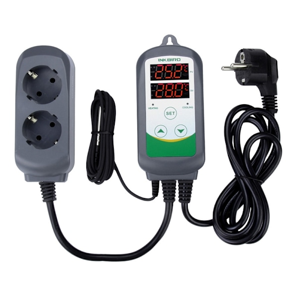 Digital Temperatur- og Fugtighedsregulator, Forudkablet, Dobbelt Trin EU socket