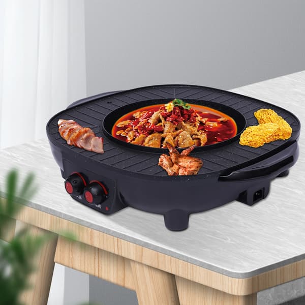 Hot Pot, 2-i-1 Grill, Non-stick Kogeflade, sort