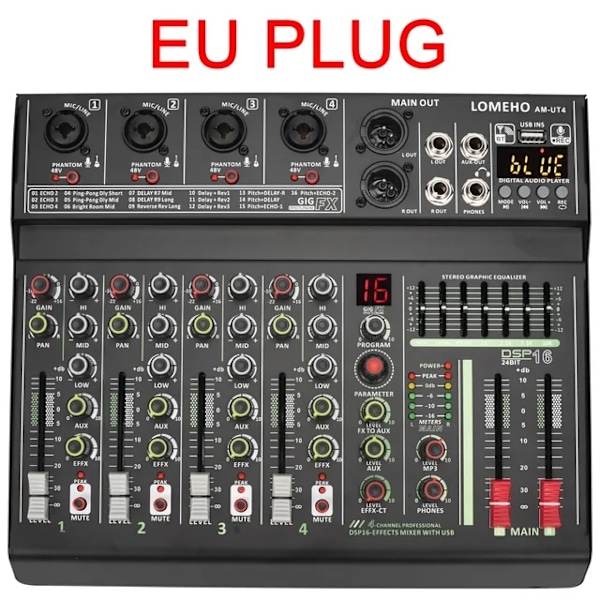 Äänimikseri, 4 kanavaa, 7-kaistainen taajuuskorjain, USB-yhteys, EU-pistoke EU Plug EU Plug