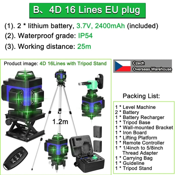 Laser Niveau, USB Genopladelig, Justerbart Stativ, B B B