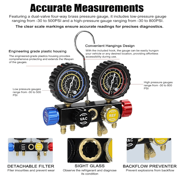 Klimaanlæg Manifold Gauge Sæt, Dobbelt-Ventil, 4-Vejs, 800 PSI Slanger