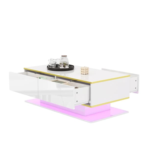 Cafebord, USB LED lysstrimler, 3 skuffer, Hvid og Guld