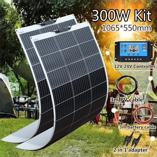 Fleksibelt Solpanel Kit, 600W Strøm, 4 Panel Konfiguration, 300w 2stk 150w sæt