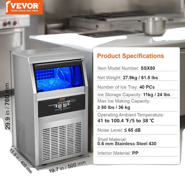 Erhvervsmæssig Ismaskine, 80 lbs/24H Kapacitet, Lav Støjniveau,SSX80 SSX80 SSX80