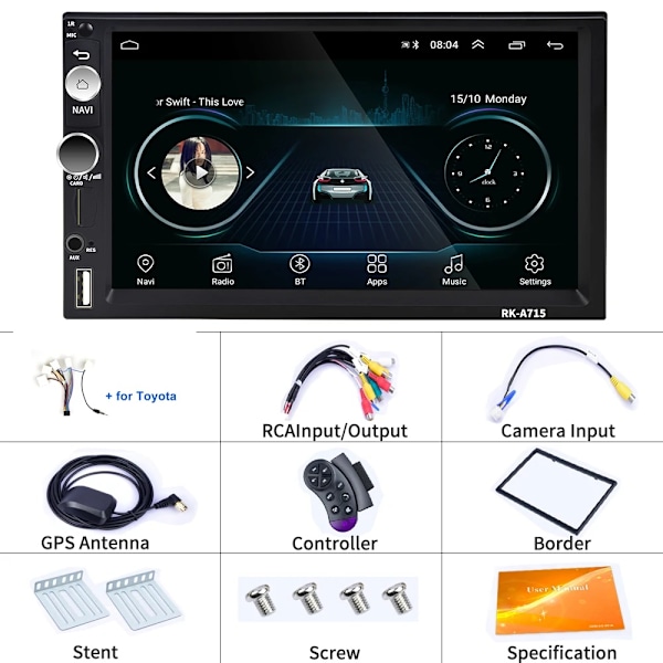 Android 8.1 Auton Multimedia-soitin, 7 tuuman kosketusnäyttö, Sisäänrakennettu GPS ja Bluetooth,Toyota-kaapeli Toyota Cable Toyota Cable