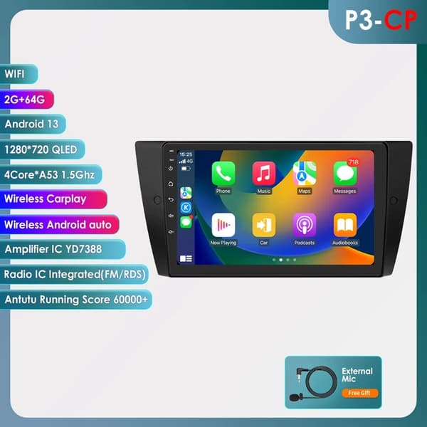 Multimedia Radioafspiller, GPS-navigation, Android 12 operativsystem, P3CP-2G 64G-4kerner