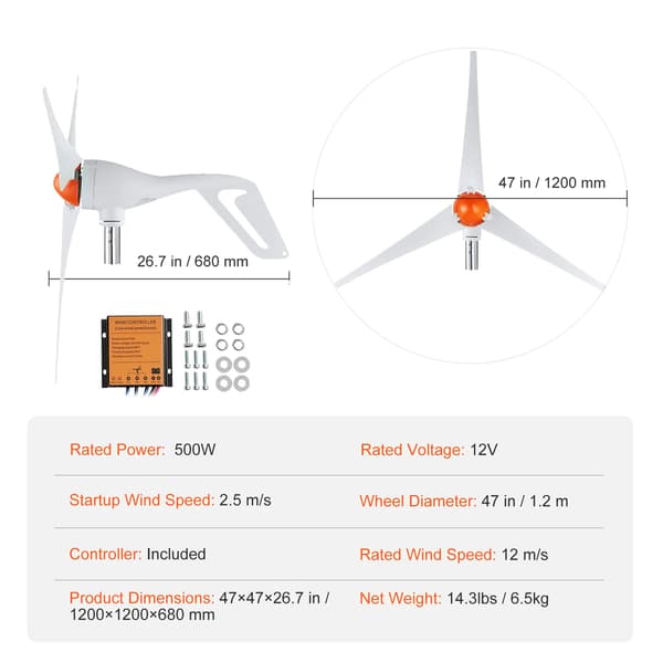 Vindmøllegenerator, Høj Effektivitet, Holdbart Design, 12V 500W 3 Blade
