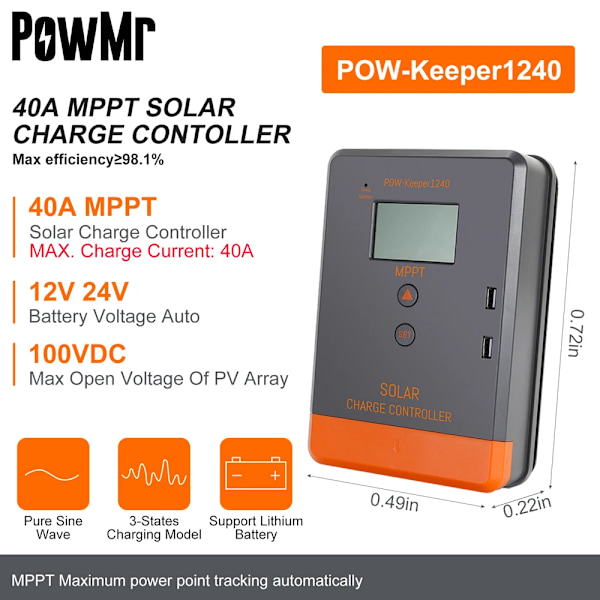 PowMr MPPT Solcellsregulator, Max Ström 100A, Stöder 12V-48V Batterier,MPPT 40A