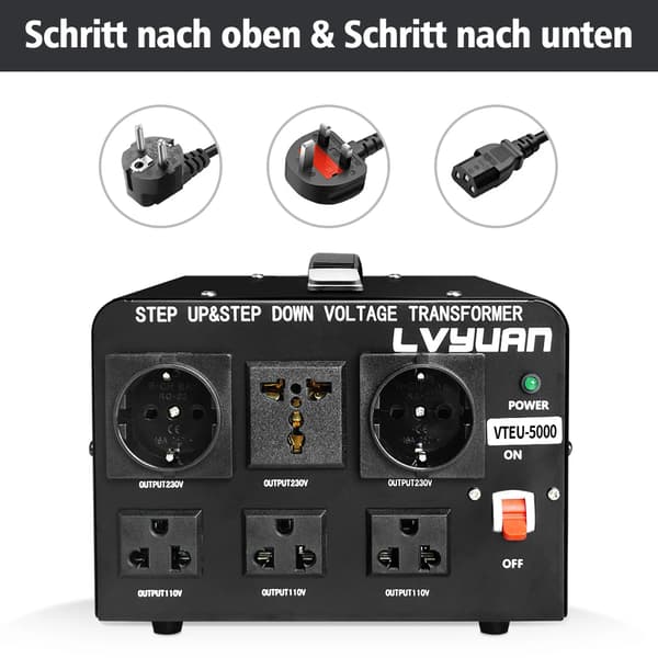 Spændingstransformer, Op/ned, 5000W Effektvurdering, VTEU-5000