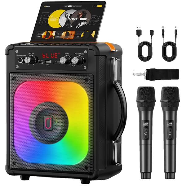 Karaoke-maskin, 60W uteffekt, 2 trådlösa mikrofoner, Bluetooth-anslutning, stöder USB- och TF-kort