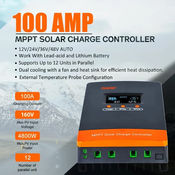 MPPT Solcellsregulator, 100A Maximal Ström, 160V Ingångsspänning, MPPT 100A-parallell, 12V 24V 36V 48V