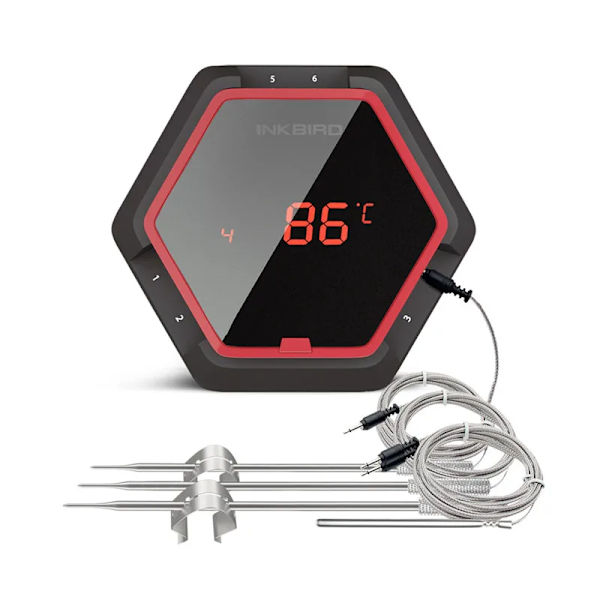 Grilltermometer, 6 prober, trådløs design, genopladeligt batteri, Bluetooth-forbindelse, sort, 6XS Rød 4 sensor