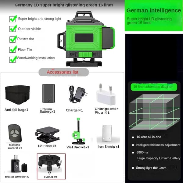 Laser nivå, 3D/4D linjer, självnivellerande, USB-uppladdningsbart batteri