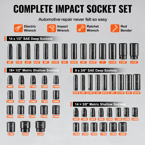 Impact Socket Set, Cr-Mo legeringsstål, høj momentdesign, 59PCS