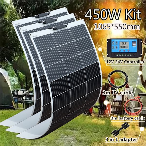 Fleksibelt Solpanel Kit, 600W Strøm, 4 Panel Konfiguration, 450w 3stk 150w sæt