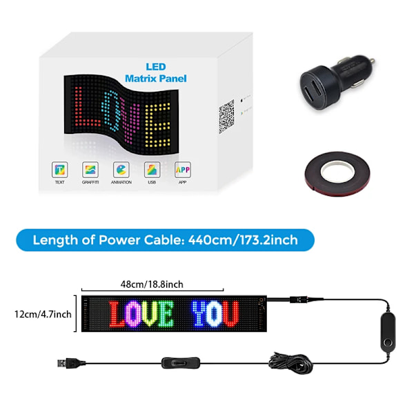 LED-programmerbar display, flexibel USB-skylt, appstyrd,12x48cm 16x64leds, 6-10W