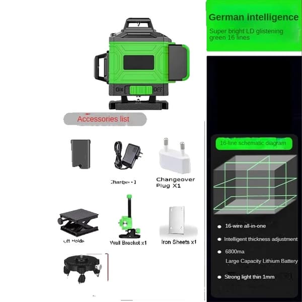 Laser nivå, 3D/4D linjer, självnivellerande, USB-uppladdningsbart batteri