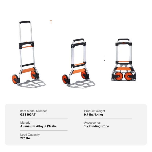Folding Hand Truck, Letvægts Aluminiumlegering, Bindebånd, 275 lbs