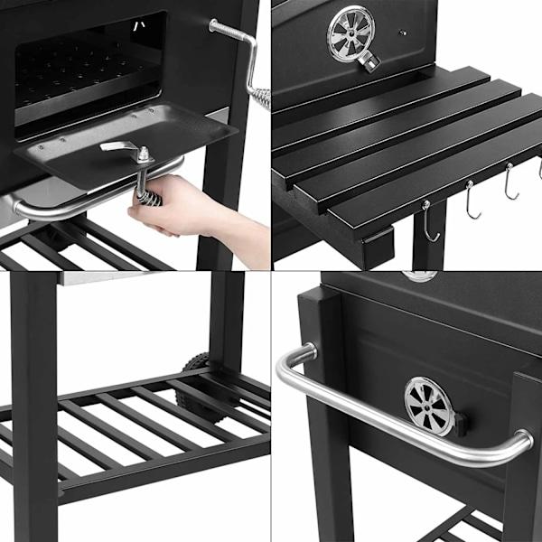 Hi, I'm looking for a charcoal grill trolley with an adjustable tray and a cooking area of 578 square inches.