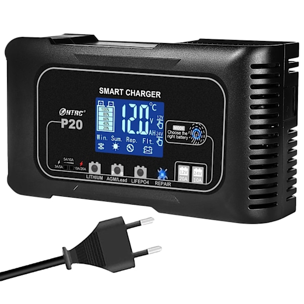 Smart bilbatterioplader, 12V/24V 20A høj effekt, alsidig batterikompatibilitet.,EU-stik EU-PLUG EU-Plug
