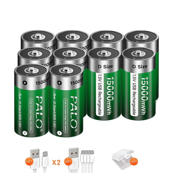 Uppladdningsbart D-storleksbatteri, USB-kabel laddning, Li-jonbatterier, 10PCS Batteri