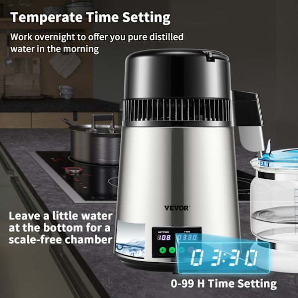 Hem Vattendestillator - 1.1 L/tim, Temp-/Tidsinställning & Torrbränningskydd - Touchskärm, Snabb Värmeavledning & Konstant Tillförsel White