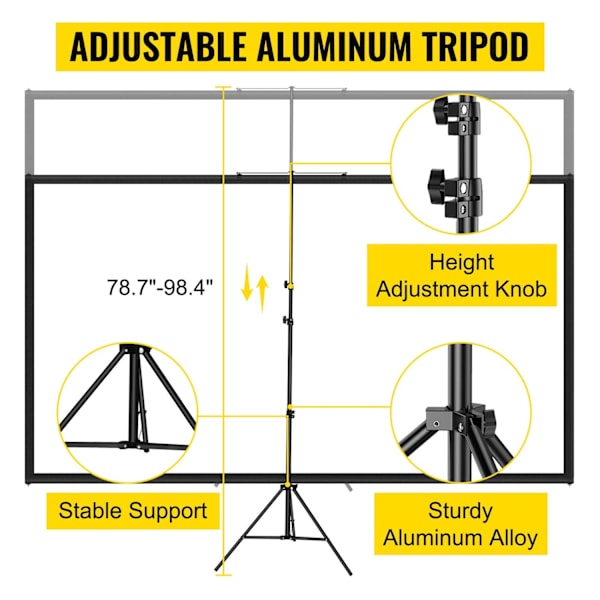 70 Tommer Stativ Projektor Skærm 16:9 4K HD - 160° Betragningsvinkel, Aluminium Stativ & Rynkefri Polyester Overflade