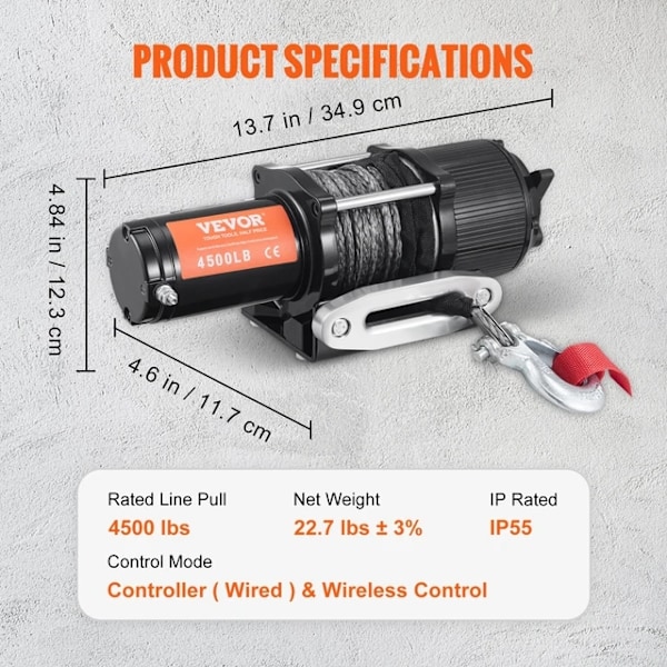 Elektrisk vinsch, 4500lbs, Trådlös fjärrkontroll Wireless Remote