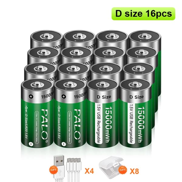 Uppladdningsbart D-storleksbatteri, USB-kabel laddning, Li-jonbatterier, 16PCS Batteri