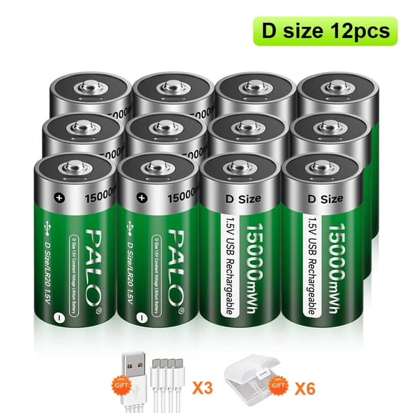 Uppladdningsbart D-storleksbatteri, USB-kabel laddning, Li-jonbatterier, 12PCS Batteri