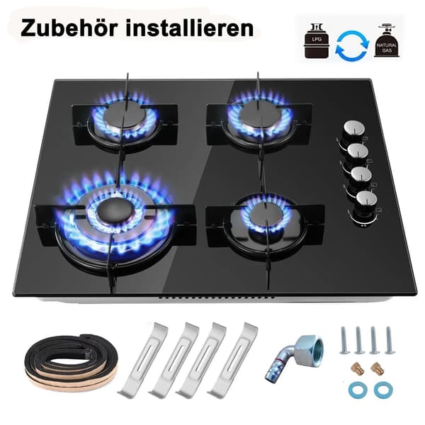 Gaskök, 4-brännare konfiguration, elektronisk tändning, stilren glasdesign