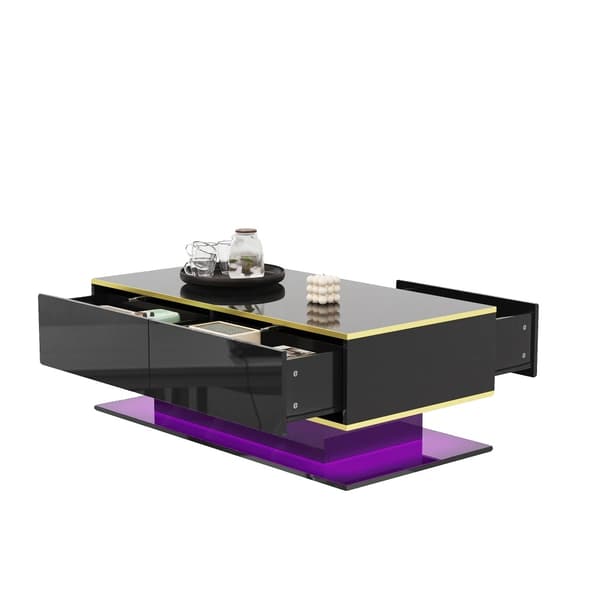 Cafebord, USB LED lysstrimler, 3 skuffer, Sort og Guld