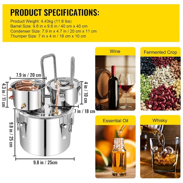 Alkohol Destillationsapparat, 20L, Rustfrit Stål, Cirkulationspumpe, Indbygget Termometer
