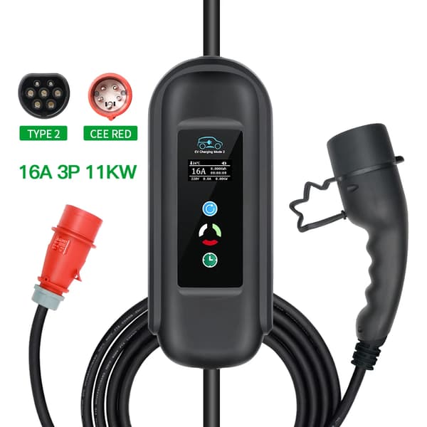 EV-lader, bærbar, justerbar strøm, 16A 3P 11kw T2