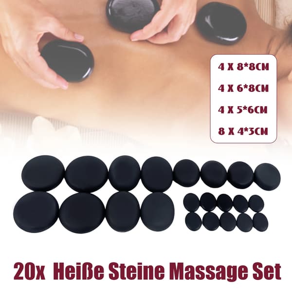 Hot Stone Massage Sæt, 20 Basaltsten, Alsidige Opvarmningsmetoder, Naturlig Sort