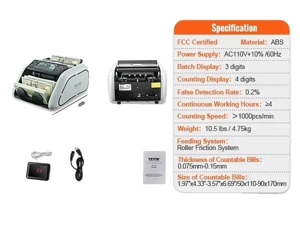 Pengaräknare, 1000 sedlar/min hastighet, dubbel LCD-display, Grå