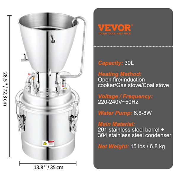 30L Rustfrit Stål Alkoholdestillator, Allsidig Opvarmning, Materialer af Høj Kvalitet,30 liter 30L 30L