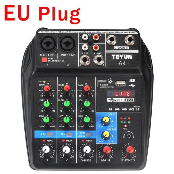 Mixerpult, 4 Kanals Lydmixer, Bluetooth & USB Forbindelse, A4 EU Stik