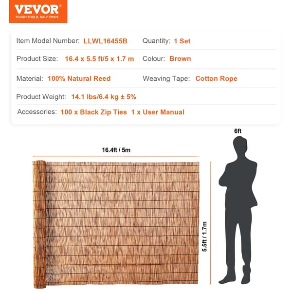 Naturlig Rörstängsel, 1,65 m Höjd, 5 m Längd, Hållbart Material,Brun1 16.4ftx5.5ft