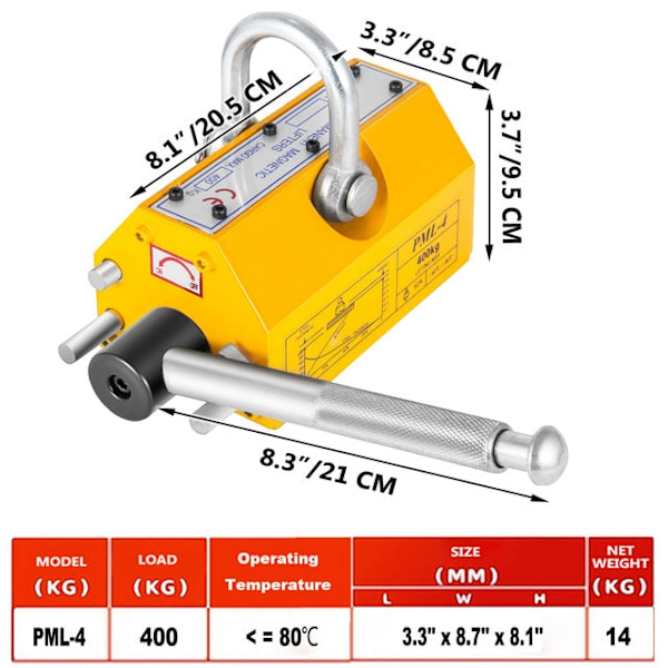 Magneettinen nostin 100 kg - 2000 kg - 3300 paunan kapasiteetti, N42-magneetti, ruosteenesto - Yksinkertainen ja tehokas työkalu 400 Kg