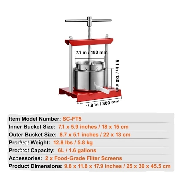 Frugtpresse, rustfrit stål, manuel presse, 6L 6L 6L