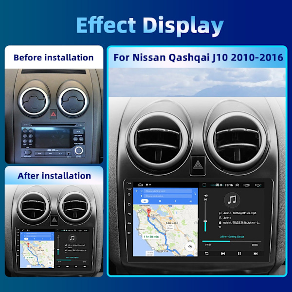 Bilradio til Nissan Qashqai J10 2006-2016 - AI Stemmekontrolleret Videospiller, 4G Bil Carplay 2din Autoradio med Android 4core 1 16G Cam