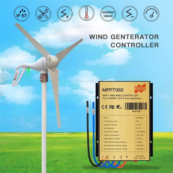 Vindmøllecontroller, Automatisk Opladningsstyring, Vandtæt Design, 600W, 30A, 12V 24V AC